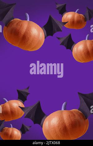 Empty purple Background for invitation, Halloween party poster with pumpkin bats. Flying spooky pumpkins on backdrop for holiday design. Copy space Stock Photo