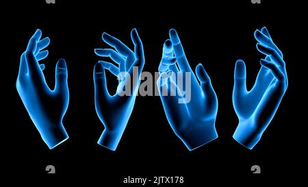 technological transparent set of hand or palm anatomy beautiful aesthetic pose - 3d illustration of hand set in x ray view from different angles and p Stock Photo