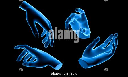 technological transparent set of hand or palm anatomy beautiful aesthetic pose - 3d illustration of hand set in x ray view from different angles and p Stock Photo