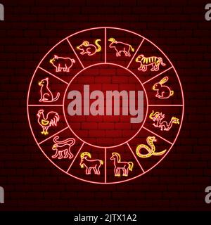 Chinese Zodiac Neon Circle Stock Vector