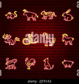 Chinese Zodiac Neon Icons Stock Vector