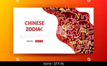 Chinese Zodiac Neon Landing Page Stock Vector