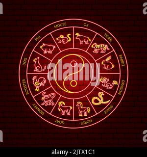 Chinese Zodiac Neon Circle Concept Stock Vector