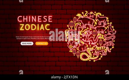 Chinese Zodiac Neon Banner Design Stock Vector