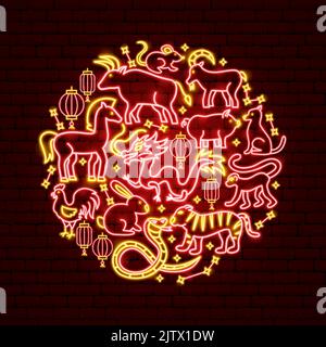 Chinese Zodiac Neon Concept Stock Vector
