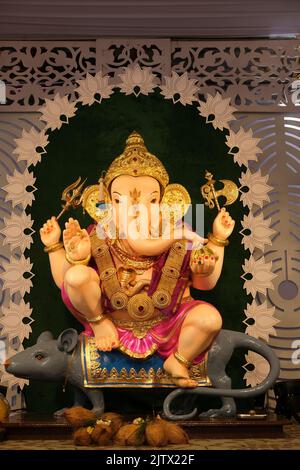 01 September 2022, Pune, Maharashtra, India, Beautiful idol of Lord Ganesh installed by Guruji Talim Ganpati during Ganesh festival 2022. Stock Photo