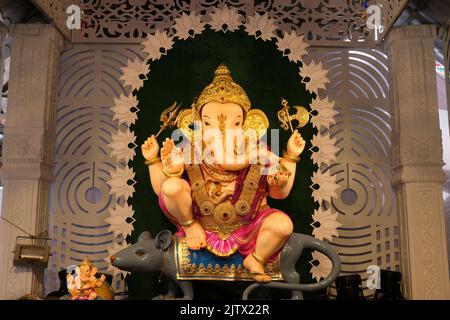 01 September 2022, Pune, Maharashtra, India, Beautiful idol of Lord Ganesh installed by Guruji Talim Ganpati during Ganesh festival 2022. Stock Photo