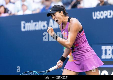 New York, NY - September 1, 2022: Garbine Muguruza of Spain reacts during 2nd round of US Open Championships against Linda Fruhvirtova of Czech Republic at Billie Jean King National Tennis Center Stock Photo