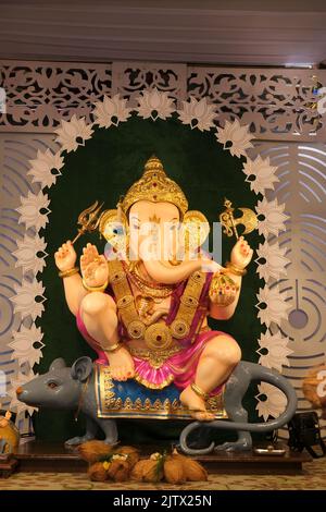 01 September 2022, Pune, Maharashtra, India, Beautiful idol of Lord Ganesh installed by Guruji Talim Ganpati during Ganesh festival 2022. Stock Photo