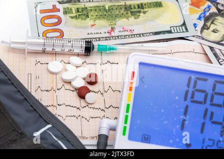 digital sphygmomanometer and heart drugs over electrocardiogram and us dollars near conceptual photo Stock Photo