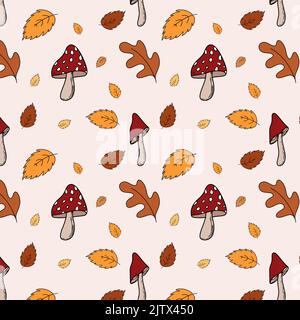 pattern on the autumn theme forest mushrooms and leaves Stock Vector