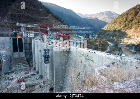 February 6th 2021. uttarakhand India. The Lakhwar - Vyasi Hydroelectric Project Dam construction on the Yamuna river, Northern India.