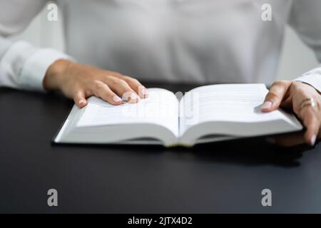 Prayer Woman Studying Bible Book In Hands Stock Photo