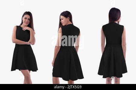 Mockup of a black wave dress on a beautiful girl, close-up, front, back view, isolated on background. Set of summer clothes. Women's sundress template Stock Photo