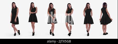 Black wave dress mockup on a dark-haired girl in moccasins, summer clothes with a skirt, front, back view, isolated on background. Set. Sundress templ Stock Photo