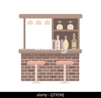 Bar counter with bottles of alcohol on white background. Interior concept. Cartoon flat style. Vector illustration Stock Vector