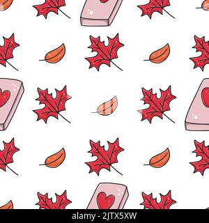 Books and maple leaves seamless autumn pattern. Cozy background with foliage and leisure item. Colorful seasonal print for packaging, textile, paper Stock Vector