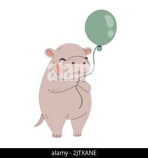 Cute little hippo with green balloon kids vector Stock Vector