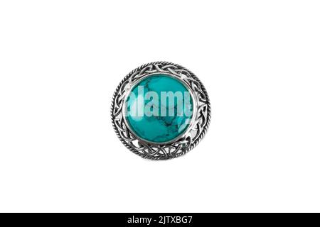 Silver jewelry ring with chrysocolla isolated on white background Stock Photo