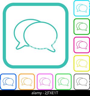 Two oval chat bubbles outline vivid colored flat icons in curved borders on white background Stock Vector