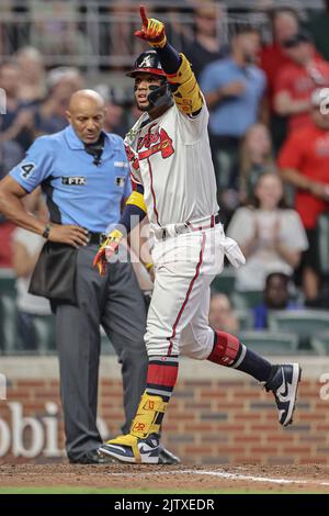 Atlanta Braves' Ronald Acuna Jr. poses for a photograph with fans after the  team's 5-3