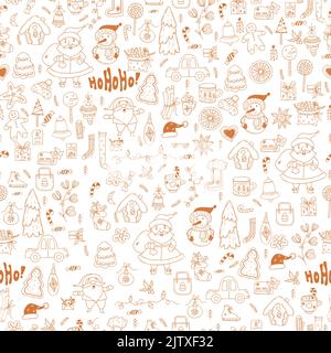 Christmas seamless pattern. Santa Claus, snowman, Christmas tree, gingerbread, New Year decor on white background. Vector illustration. Linear hand do Stock Vector