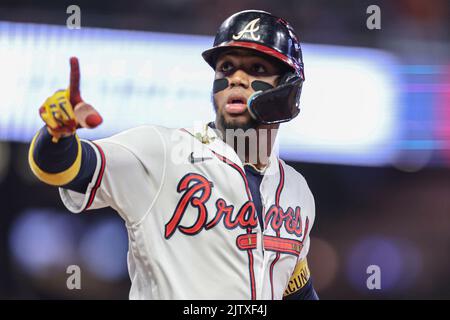 Atlanta Braves right fielder Ronald Acuna Jr. (13) wears a Memorial Day  patch on his uniform