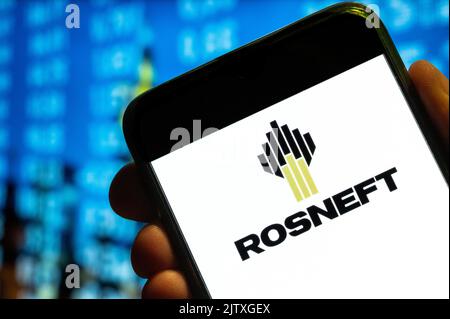 China. 25th July, 2022. In this photo illustration, the Russian multinational oil and gas company, Rosneft logo is displayed on a smartphone screen. (Photo by Budrul Chukrut/SOPA Images/Sipa USA) Credit: Sipa USA/Alamy Live News Stock Photo