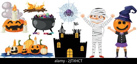 Set of halloween cartoon characters and elements illustration Stock Vector