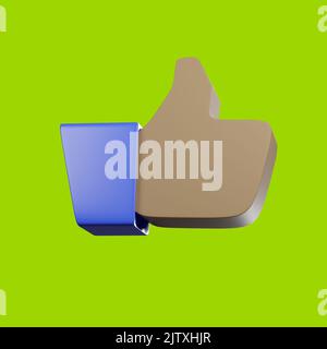 3D rendering block shape thumb up hand gesture isolated on green background. Hand thumb up or like sign. Stock Photo