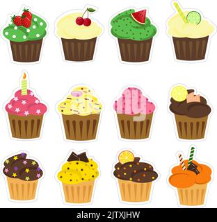 Cute cupcakes set. Birthday stickers. Stock Vector