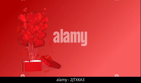 bunch of 3D rendered heart shaped balloons from a heart shaped gift box ...