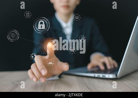 Close up of businessperson touching icon of cloud computing concept,  cloud technology is centralize collect lifestyle and confidential information su Stock Photo