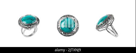 Set of Silver jewelry ring with chrysocolla isolated on white background Stock Photo