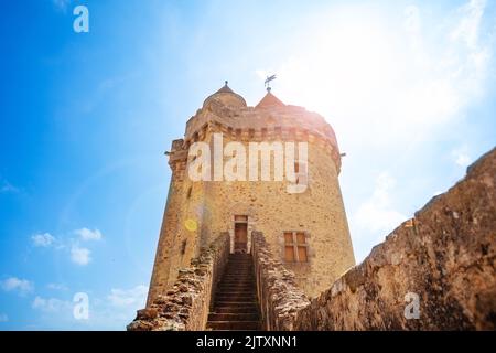 Low angle of staircase to medieval Blandy castle tower Stock Photo