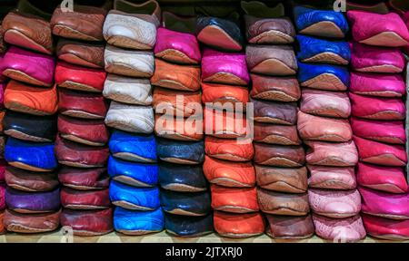 Traditional moroccan shoes Soft leather Moroccan slippers in the Souk, Faz, Morocco, North Africa Stock Photo