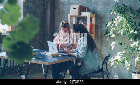 Young female business partners are working with laptop and talking. Dark-haired woman is typing, blonde is suggesting ideas. In the end they are celebrating success with high five. Stock Photo