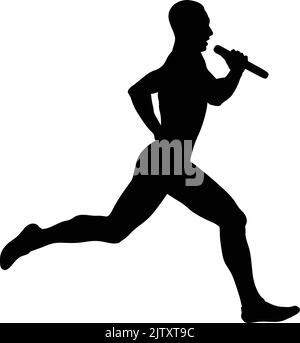 male runner with baton run relay race black silhouette Stock Vector