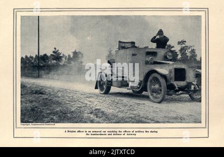A Belgium Officer in an Armored car during the defense of Antwerp from the book The story of the great war; the complete historical records of events to date DIPLOMATIC AND STATE PAPERS by Reynolds, Francis Joseph, 1867-1937; Churchill, Allen Leon; Miller, Francis Trevelyan, 1877-1959; Wood, Leonard, 1860-1927; Knight, Austin Melvin, 1854-1927; Palmer, Frederick, 1873-1958; Simonds, Frank Herbert, 1878-; Ruhl, Arthur Brown, 1876-  Published 1920 Stock Photo