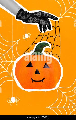 Collage artwork graphics picture of arm palm netting happy smiling jack o lantern isolated painting background Stock Photo