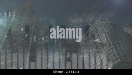 Image of statistics processing and mathematical equations over cityscape Stock Photo