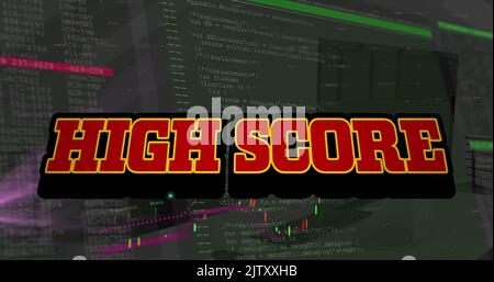 Image of high score text and data processing over office Stock Photo