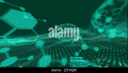 Image of data processing and brains on black background Stock Photo