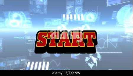Image of start text and data processing on black background Stock Photo