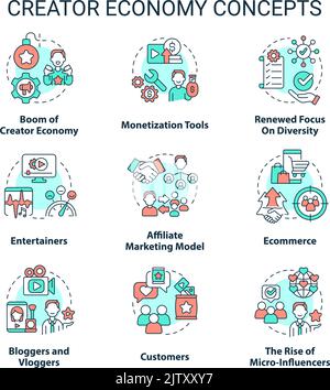 Creator economy concept icons set Stock Vector