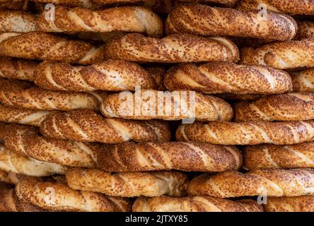 Traditional delicious street food Simit. Background from Turkish sesame ...
