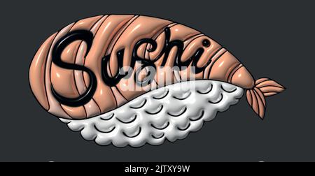 The inscription SUSHI in the form of a fresh piece of salmon laid on rice on a white background - Vector illustration Stock Vector