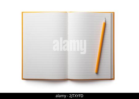 Empty notebook and yellow pencil isolated on white background Stock Photo