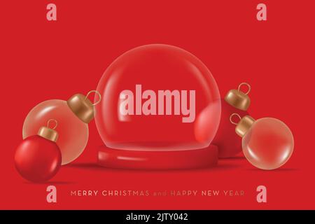Christmas Glass snow globe. Podium under a transparent glass dome decorated with glass balls. 3D realistic vector Stock Vector