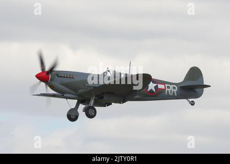 The 'American' Supermarine Spitfire arriving at the Royal International Air Tattoo RIAT 2022 at RAF Fairford, UK Stock Photo